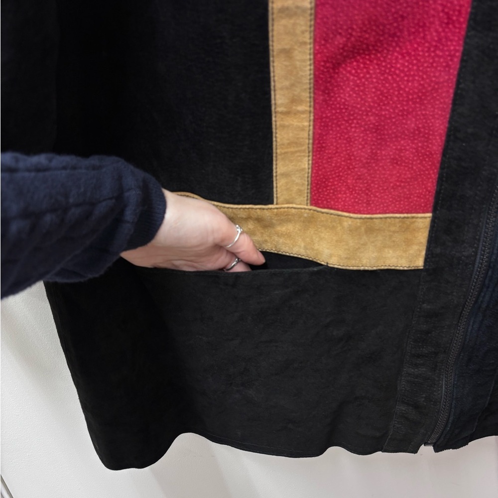 Vintage 1980s Roaman's Color-Block Long Suede Geometric Jacket - Picture 4 of 9